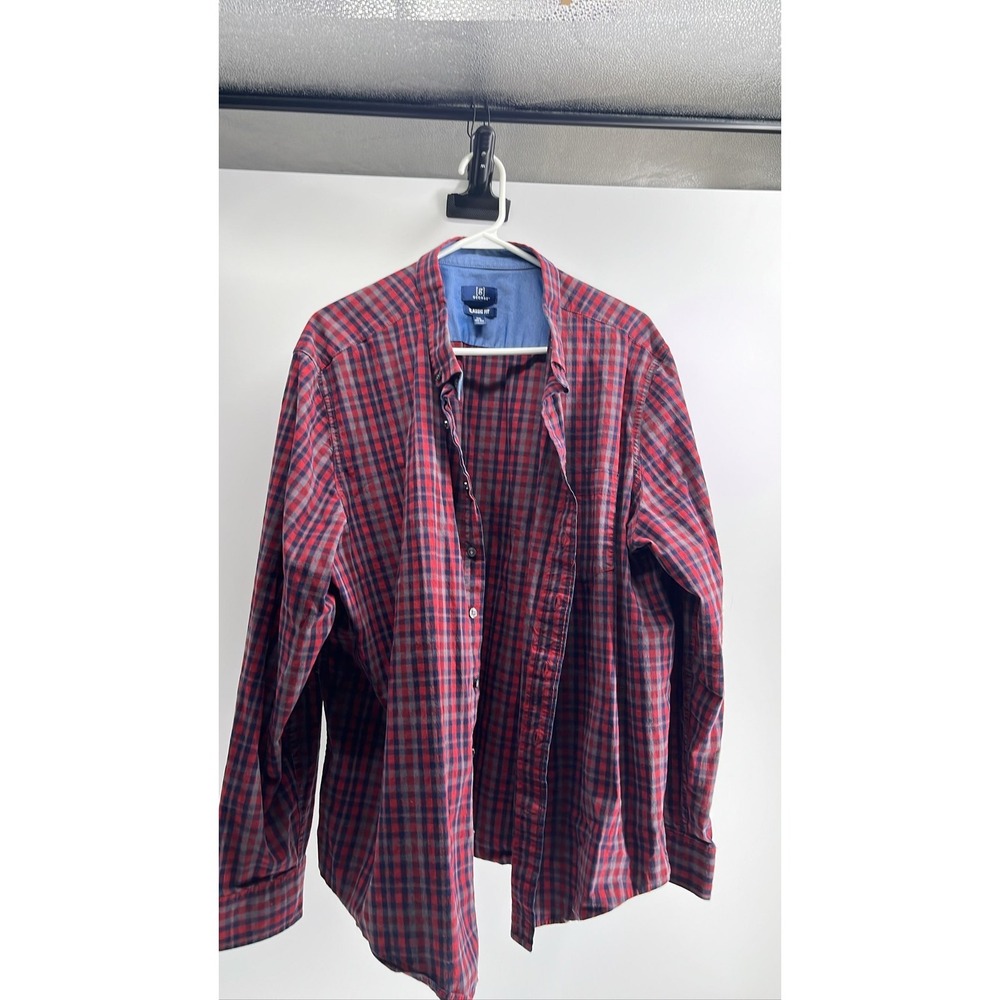 George Men's Classic Fit Red Blue‎ Plaid Long Sleeve Button-Down Shirt 2XL